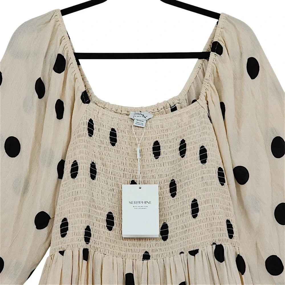 Seraphine Maxi Dress 12 Carmen Cream Black Polka Dot Shirred Boho Maternity NEW